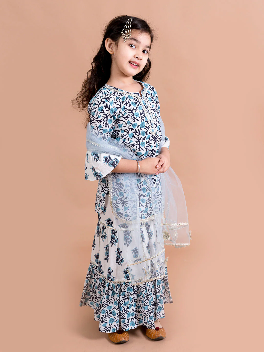Girls Blue Floral Printed Gotta Patti Pure Cotton Kurti With Sharara & Dupatta (Sha-bluejaal) - Image 3