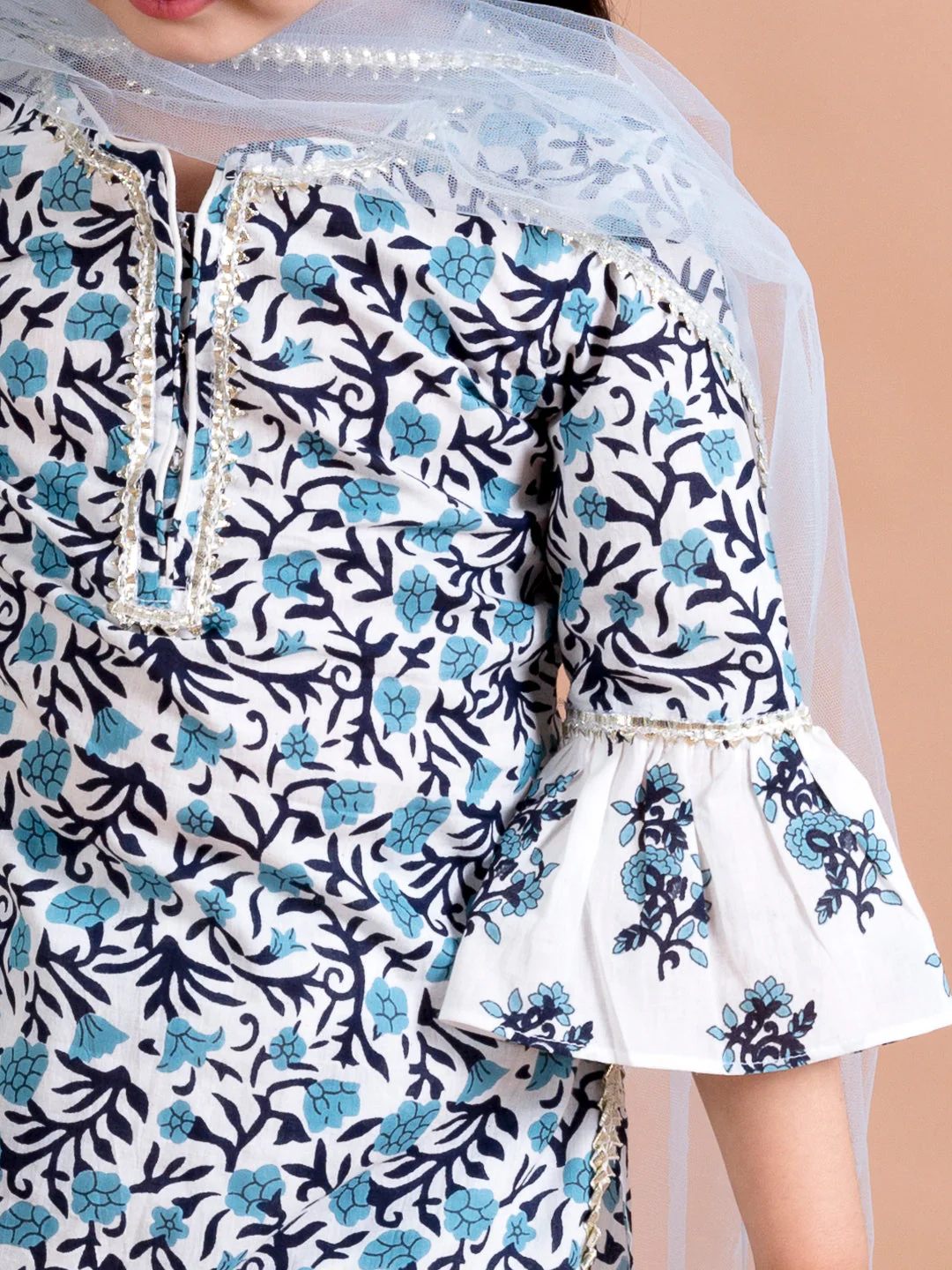 Girls Blue Floral Printed Gotta Patti Pure Cotton Kurti With Sharara & Dupatta (Sha-bluejaal) - Image 4