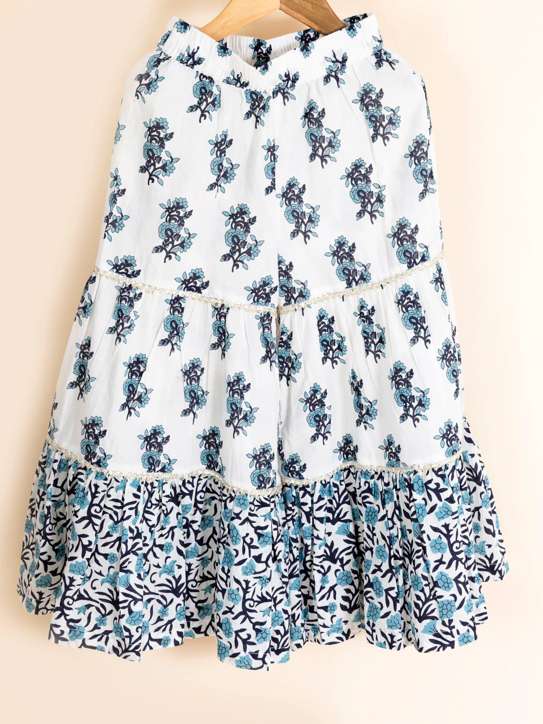 Girls Blue Floral Printed Gotta Patti Pure Cotton Kurti With Sharara & Dupatta (Sha-bluejaal) - Image 5