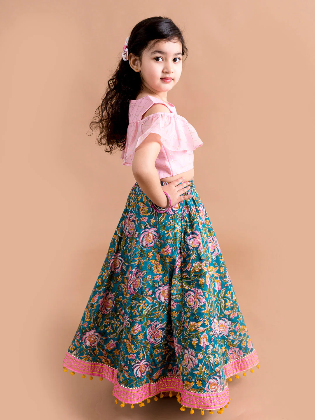 Girls Blue & Pink Ready to Wear Lehenga & Blouse With Dupatta (L-Bluejaalcold) - Image 3