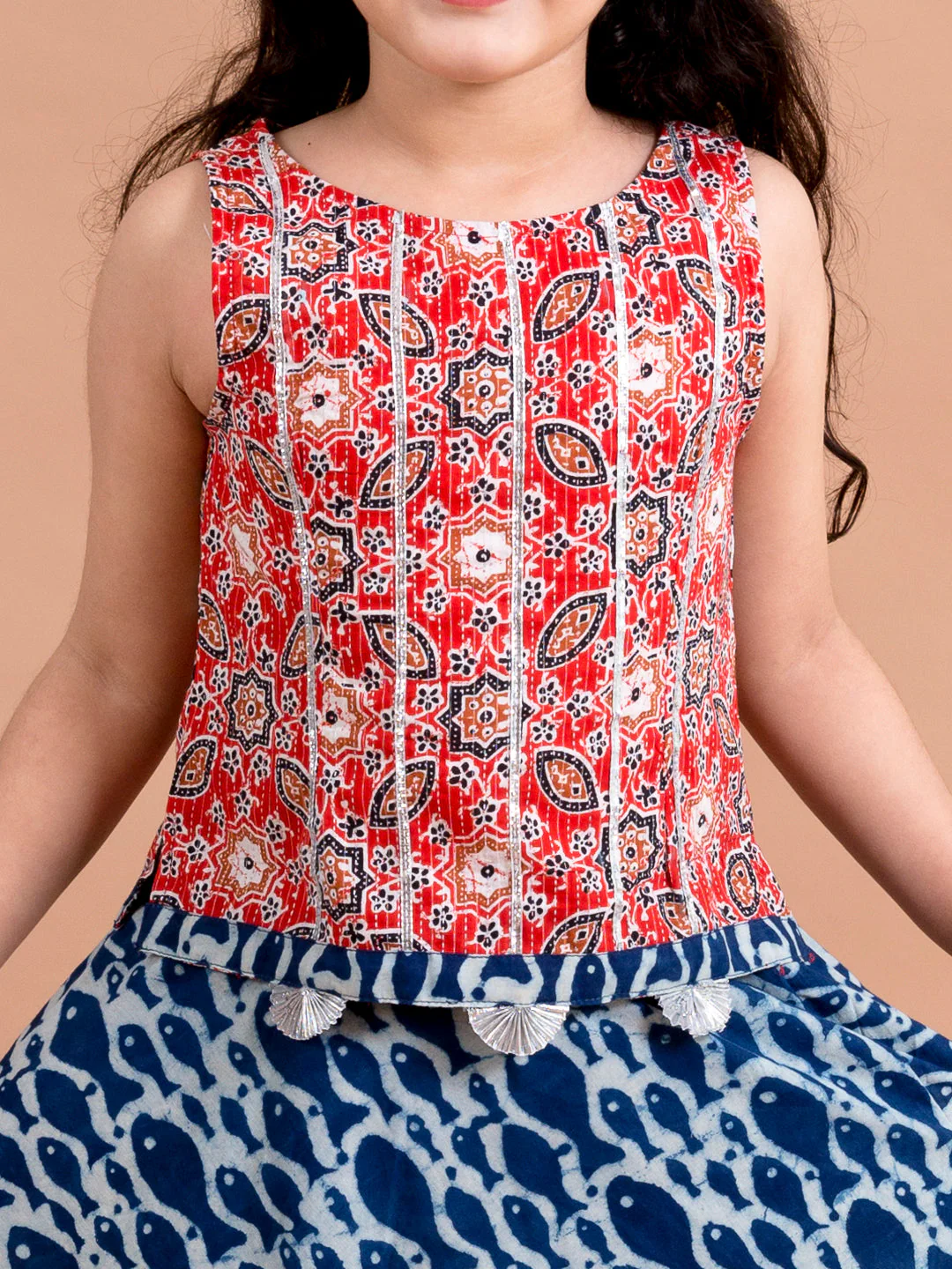 Girls Blue & Red Printed Ready to Wear Lehenga & Choli (L-fishikkat) - Image 4