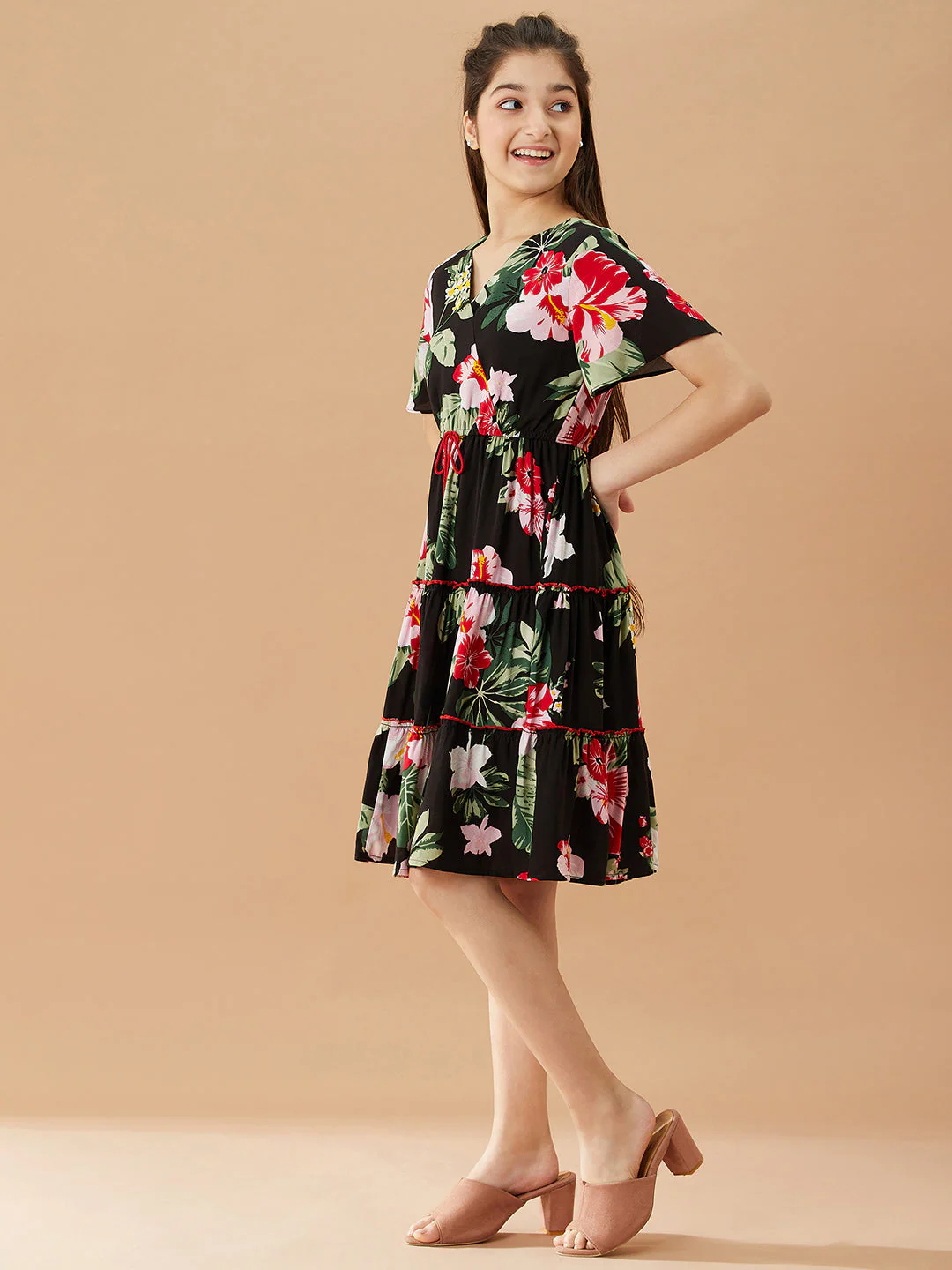 Girls V-Neck Tropical Cotton Dress (d-blackrose) - Image 3