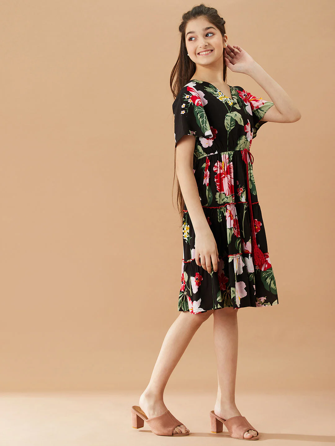 Girls V-Neck Tropical Cotton Dress (d-blackrose) - Image 4