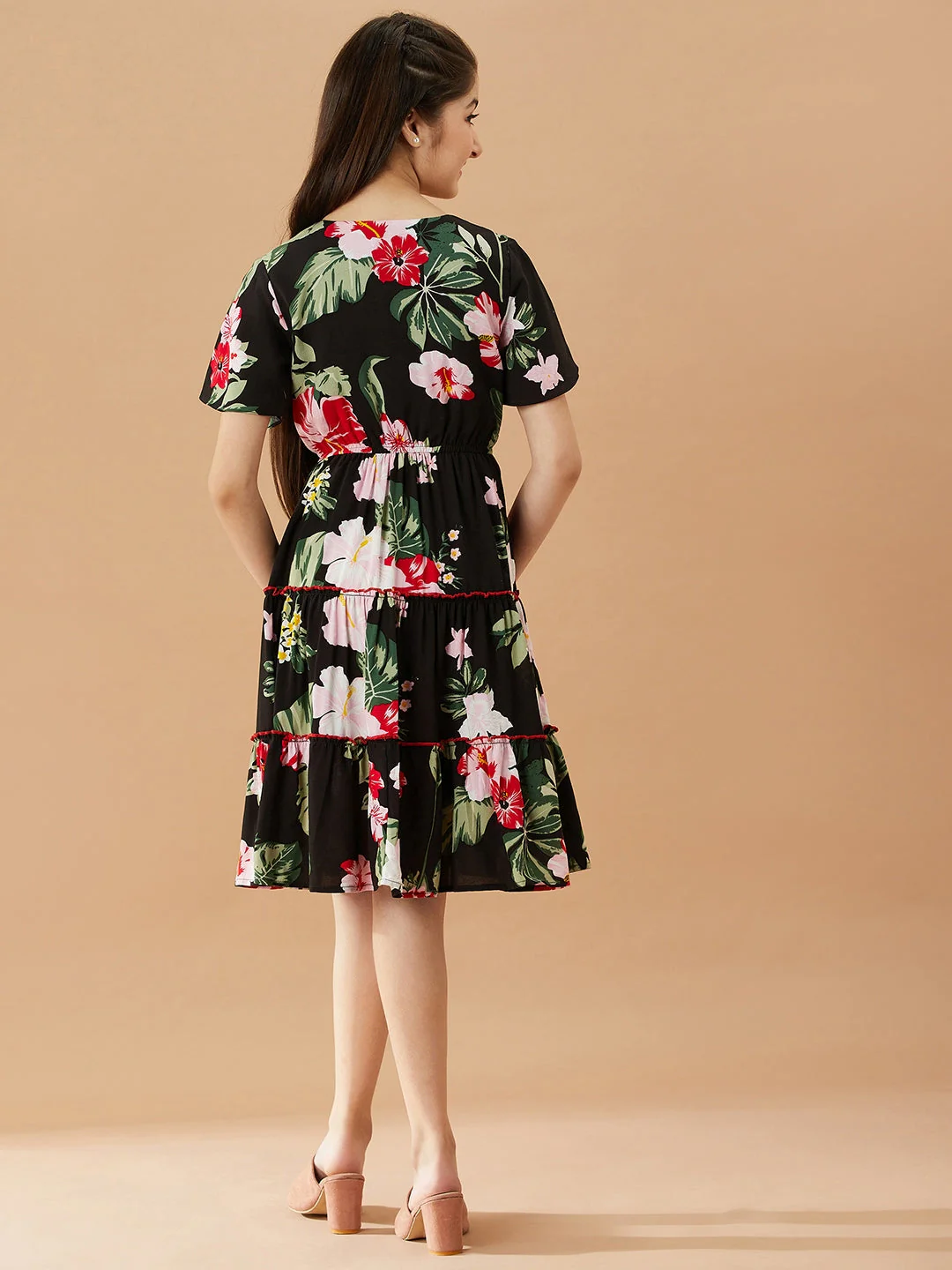 Girls V-Neck Tropical Cotton Dress (d-blackrose) - Image 5