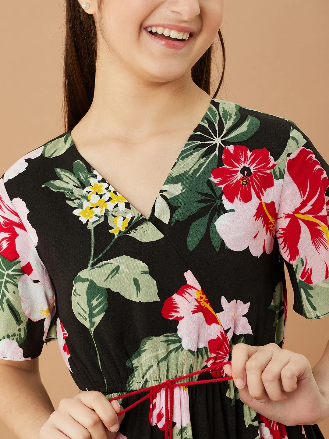 Girls V-Neck Tropical Cotton Dress (d-blackrose) - Image 6