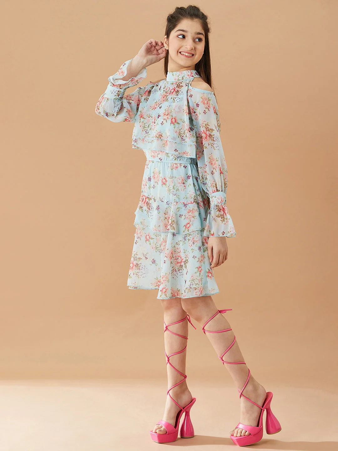 Girls Floral Printed Layered A-Line Dress (d-bluegeo) - Image 3