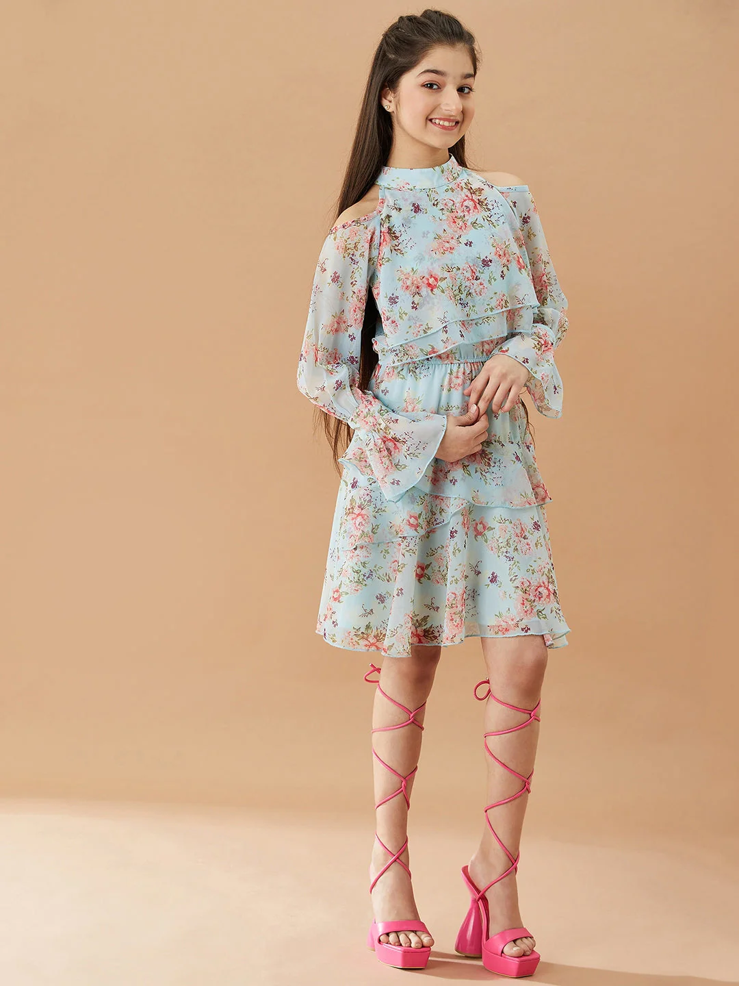 Girls Floral Printed Layered A-Line Dress (d-bluegeo) - Image 4