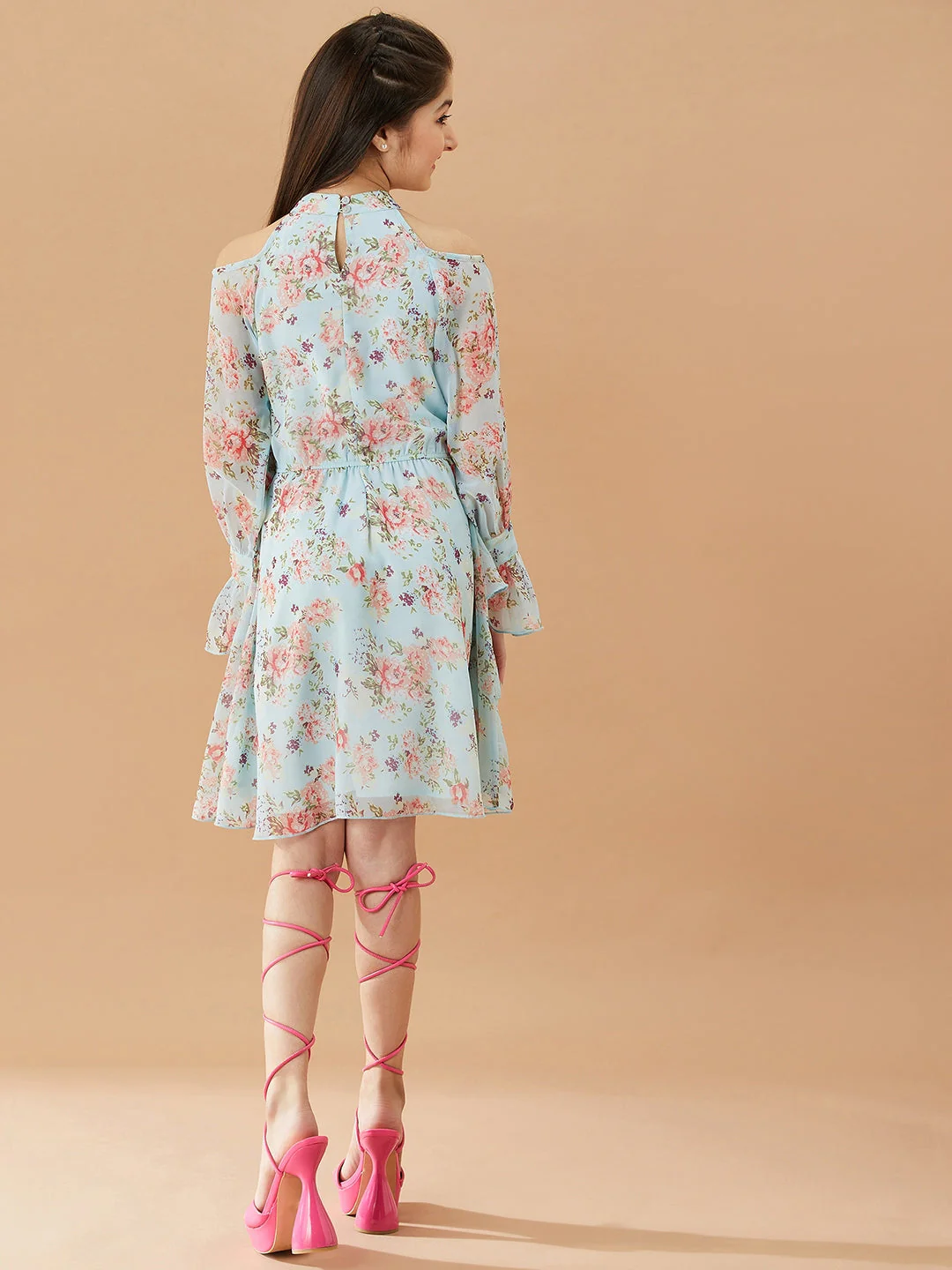 Girls Floral Printed Layered A-Line Dress (d-bluegeo) - Image 5