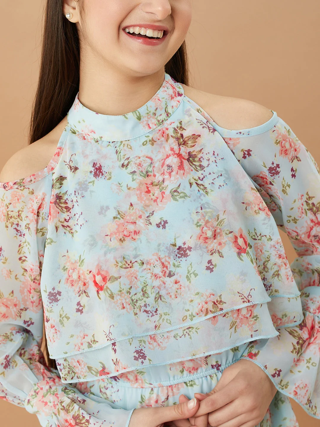 Girls Floral Printed Layered A-Line Dress (d-bluegeo) - Image 6