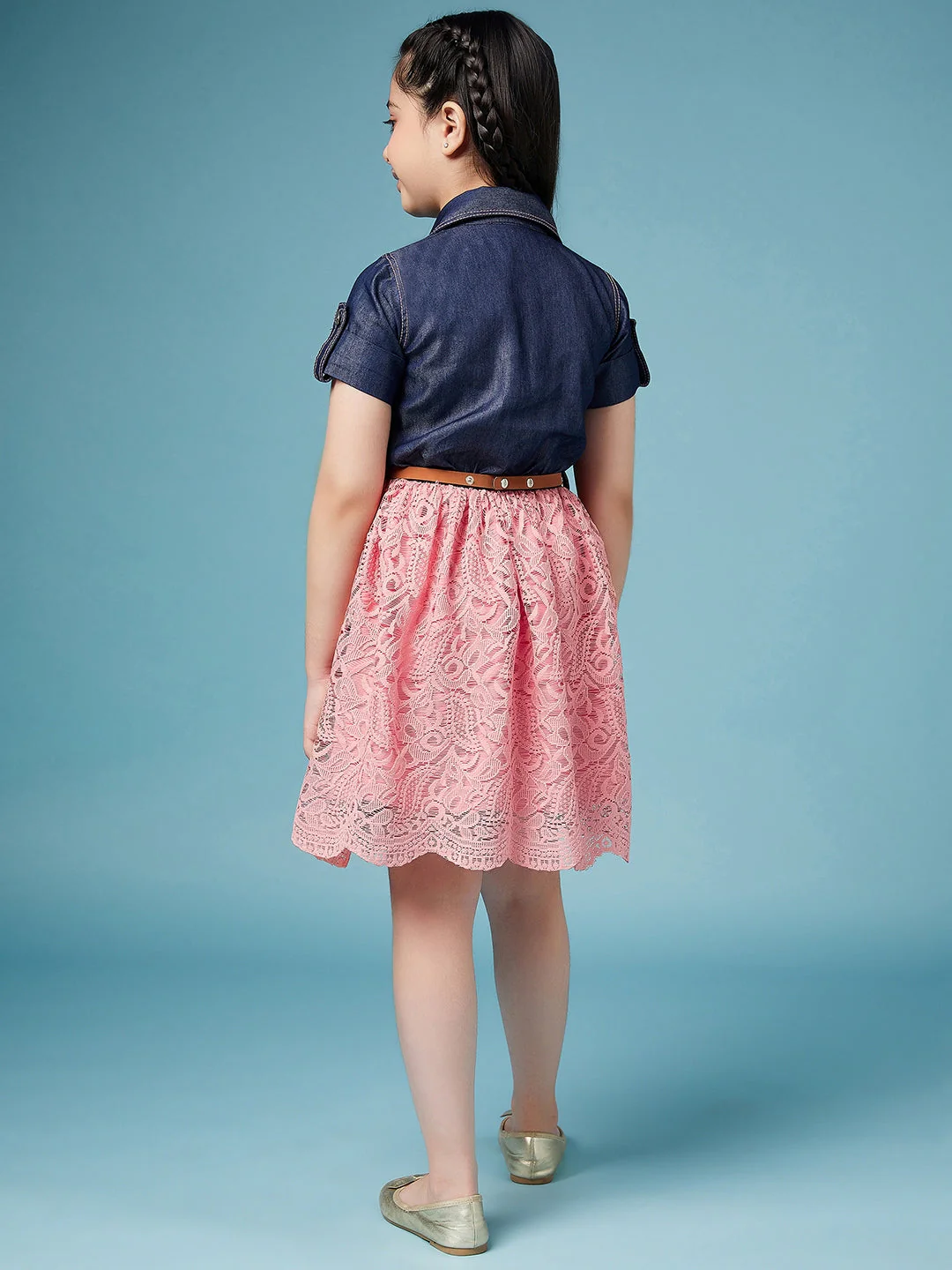 Girls Laced Floral Denim Shirt Dress (d-denimpink) - Image 5