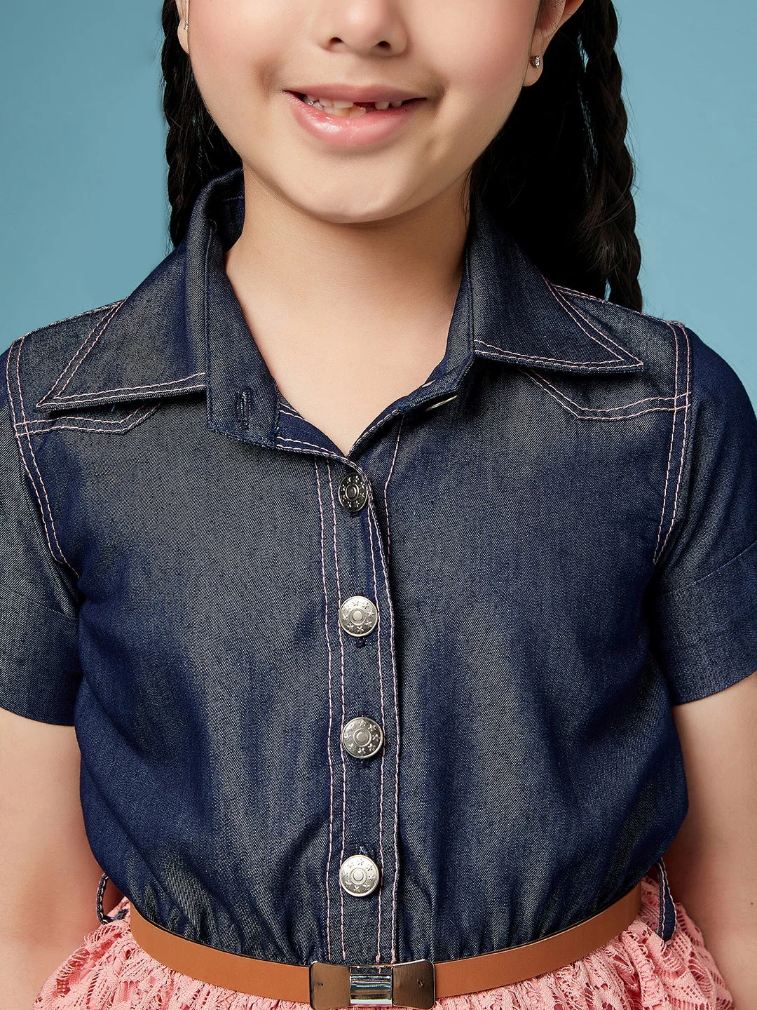 Girls Laced Floral Denim Shirt Dress (d-denimpink) - Image 6