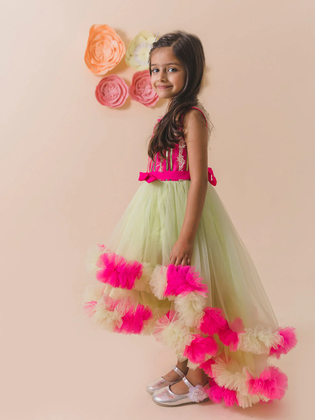 Lime Green & Pink Embellished Net Maxi Dress (d-limeruffle) - Image 3