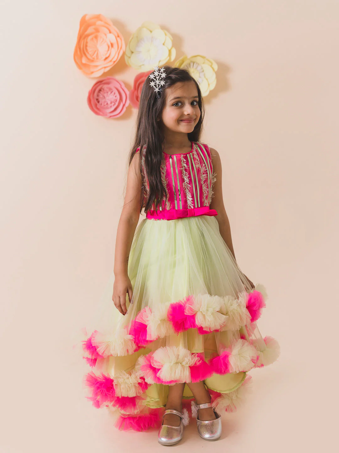 Lime Green & Pink Embellished Net Maxi Dress (d-limeruffle) - Image 4