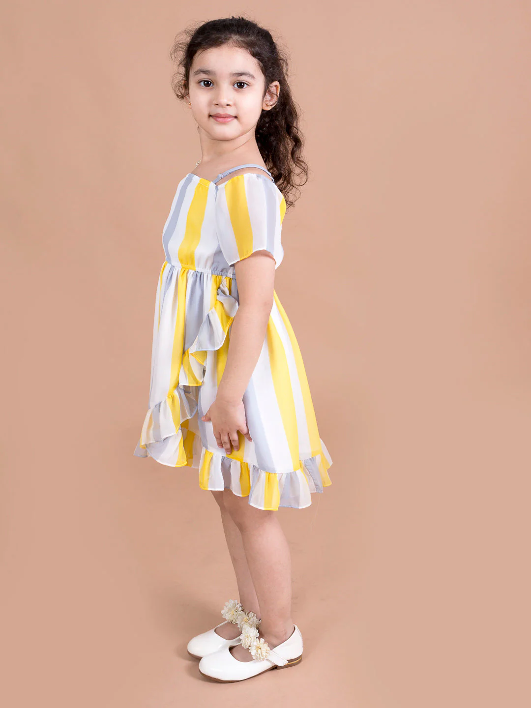 Girls White & Yellow Striped Georgette Dress (d-multi flared) - Image 3