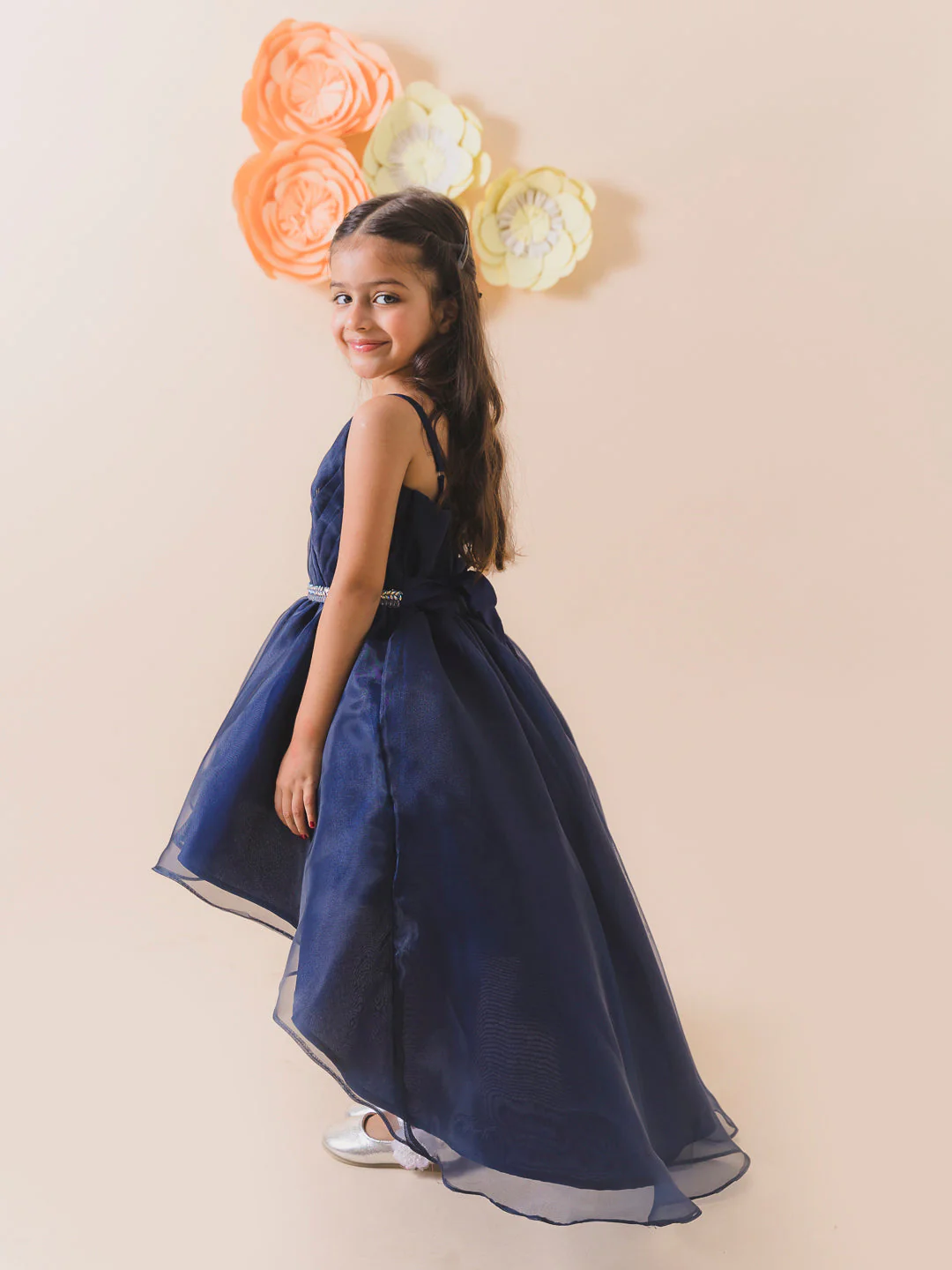 Girls Navy blue solid fit & flare dress Shoulder straps Sleeveless Maxi Party wear  Dress (D-NAVYORGANZA) - Image 3