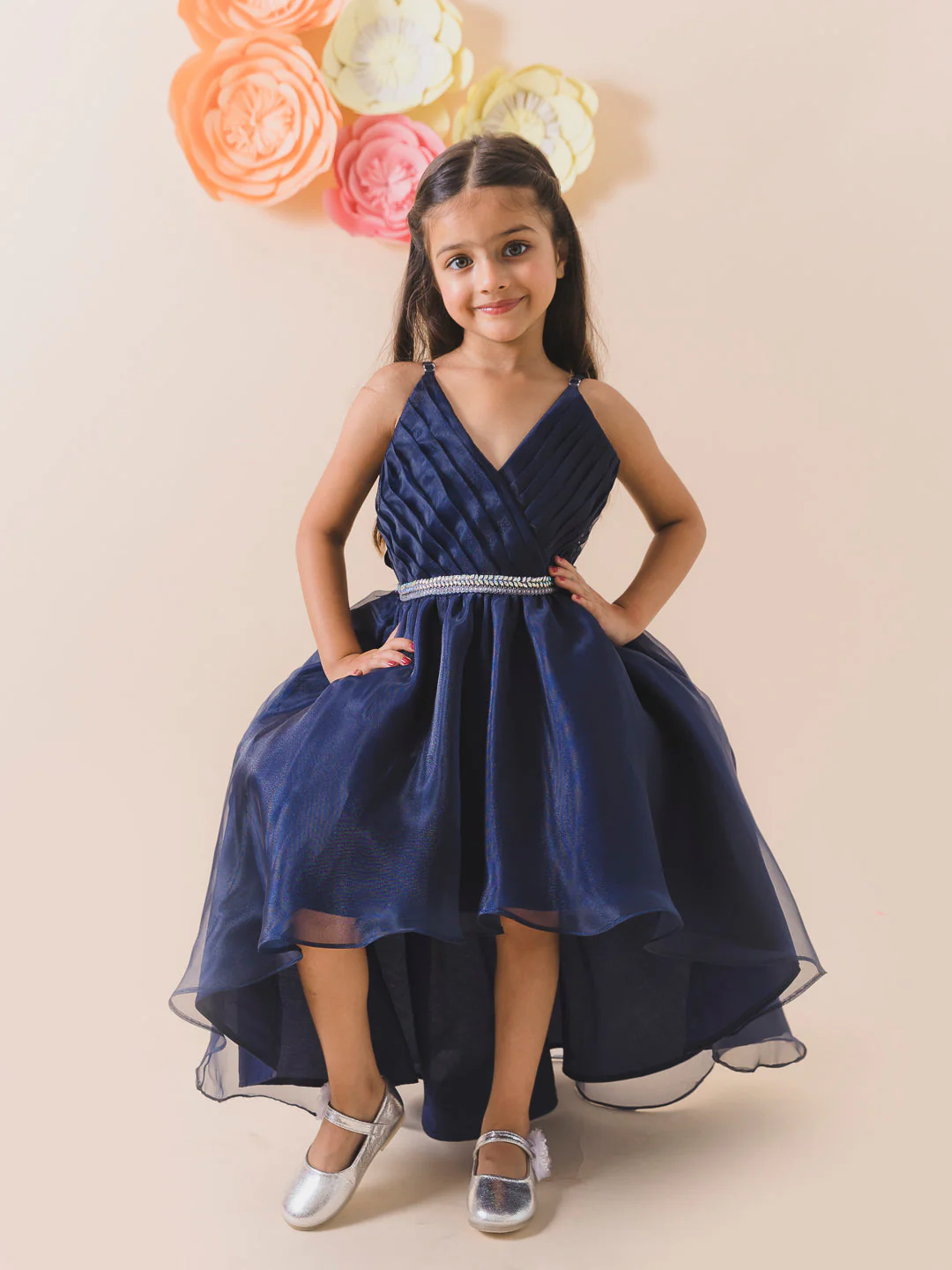 Girls Navy blue solid fit & flare dress Shoulder straps Sleeveless Maxi Party wear  Dress (D-NAVYORGANZA) - Image 4