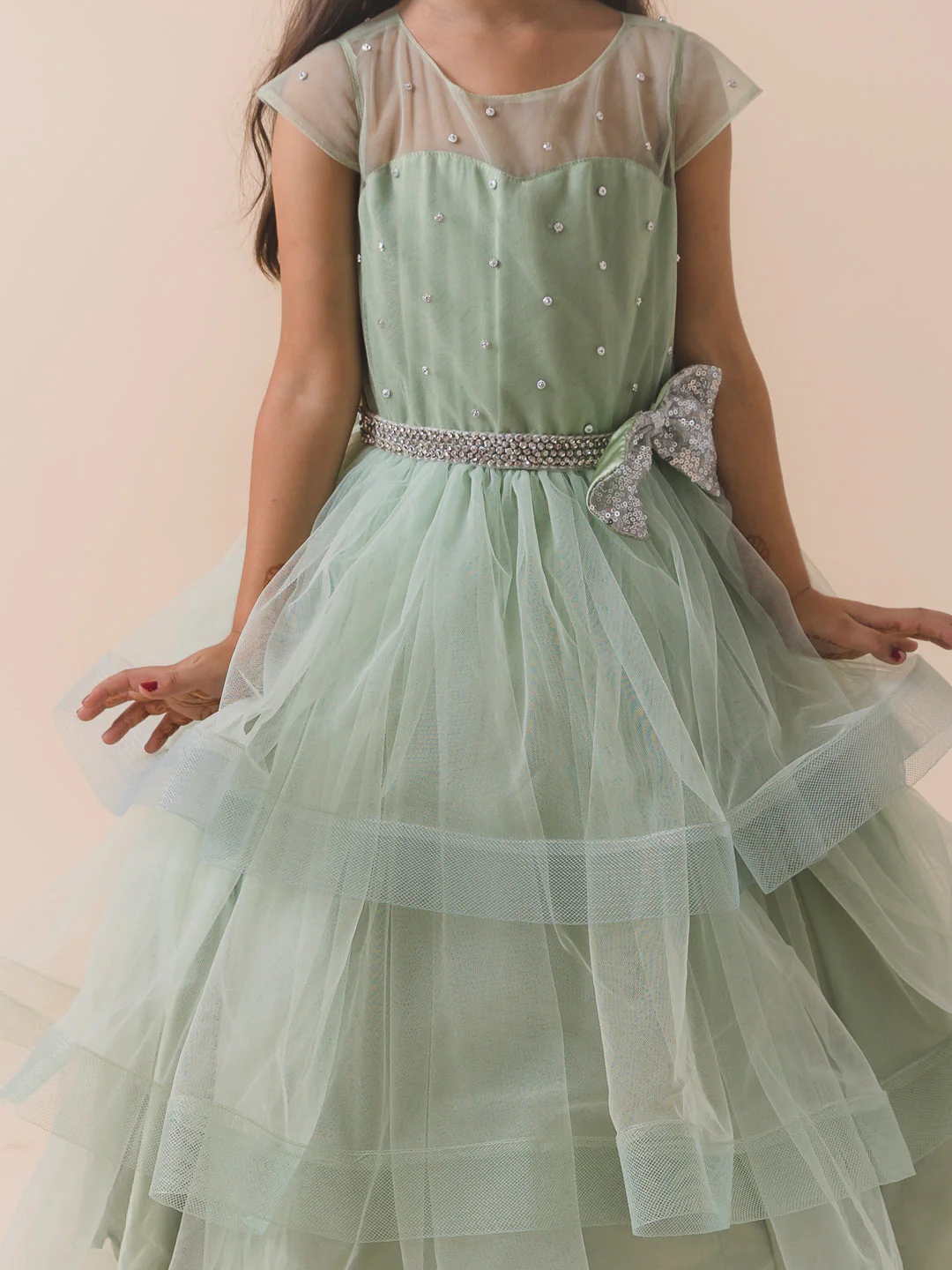 Olive Green Embellished Layered Net Maxi Dress (D-OLIVEGREEN) - Image 3