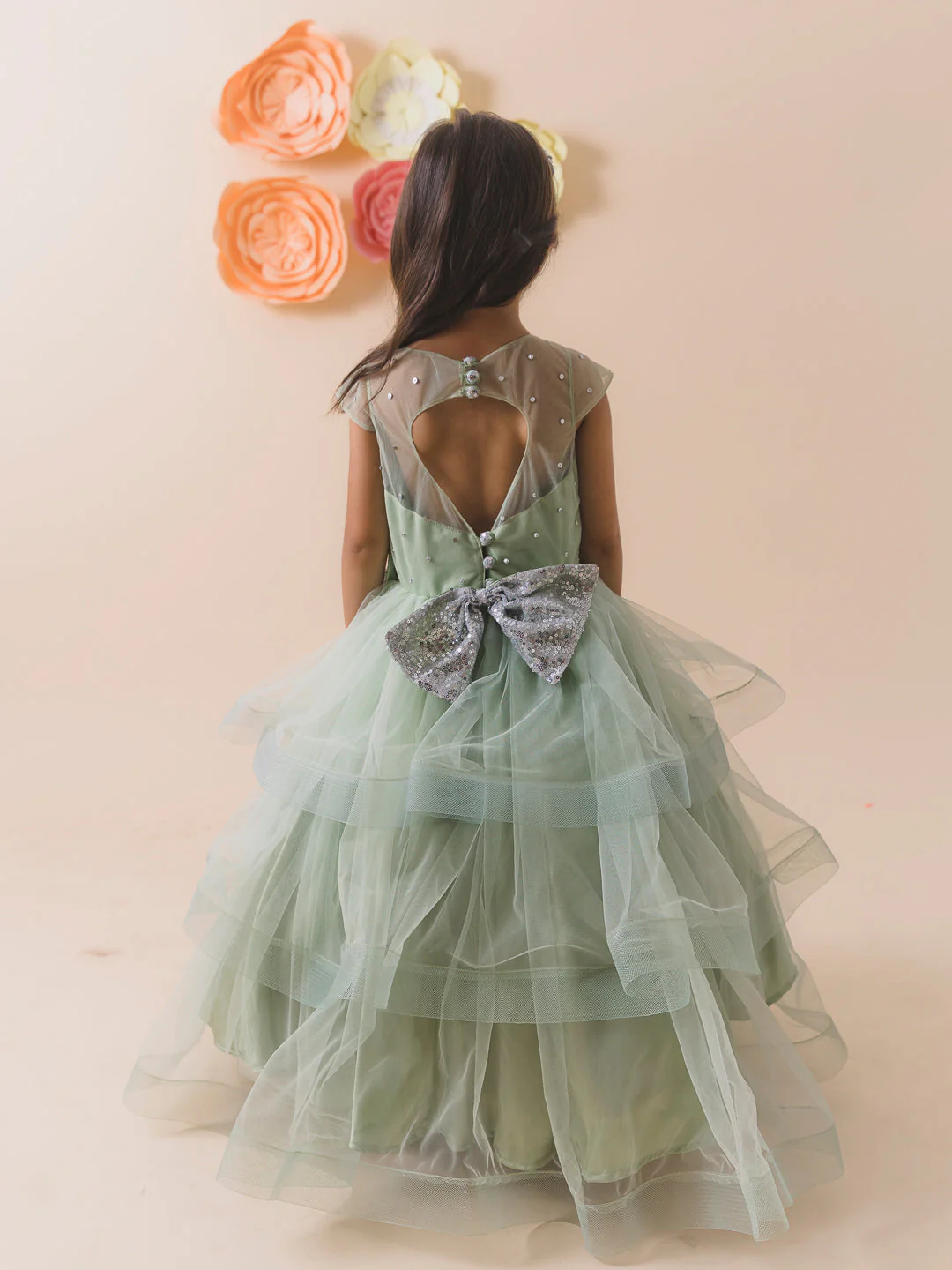 Olive Green Embellished Layered Net Maxi Dress (D-OLIVEGREEN) - Image 4