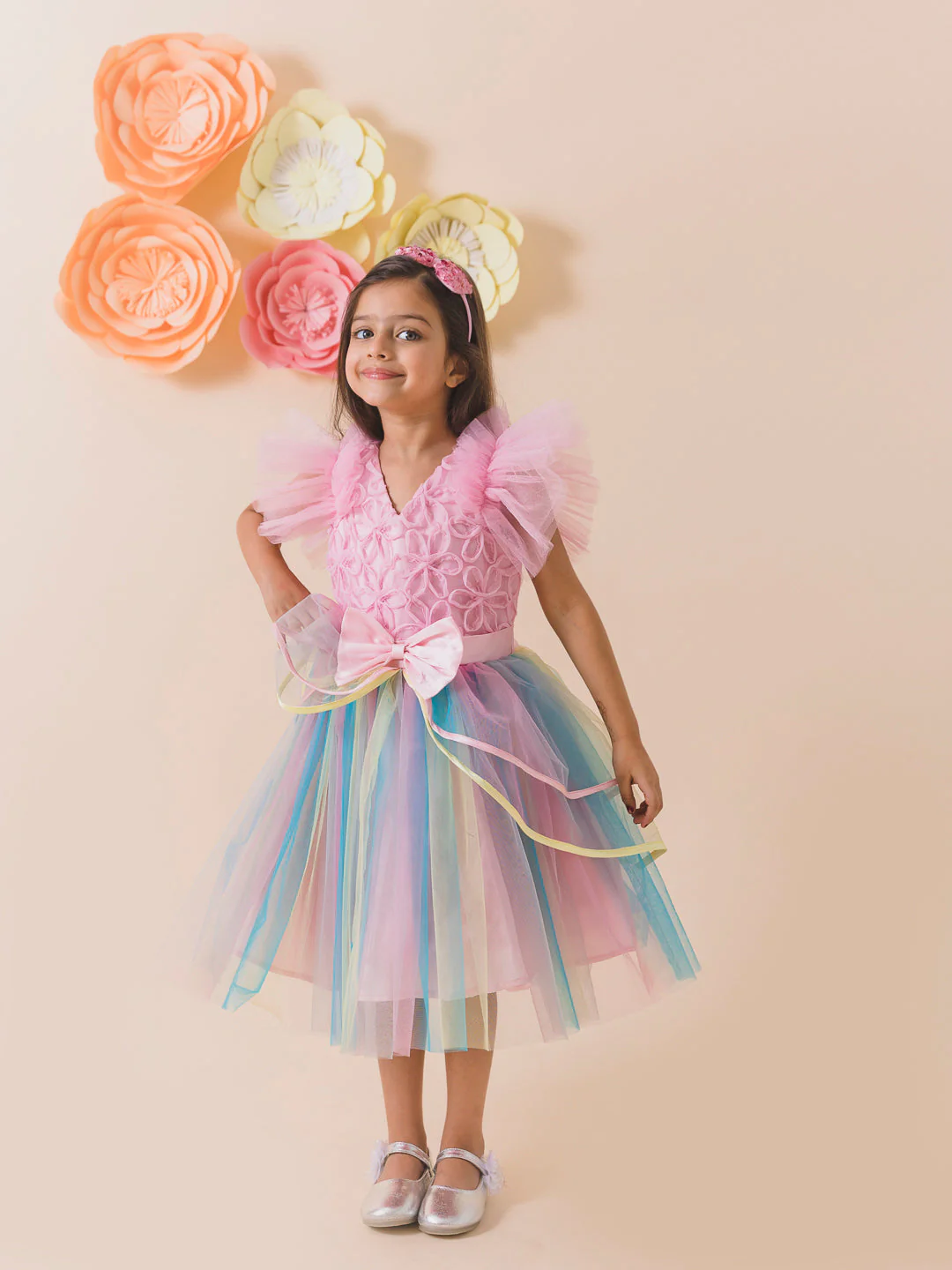 Pink Embellished Net Midi Dress (D-PINKMULTI) - Image 4