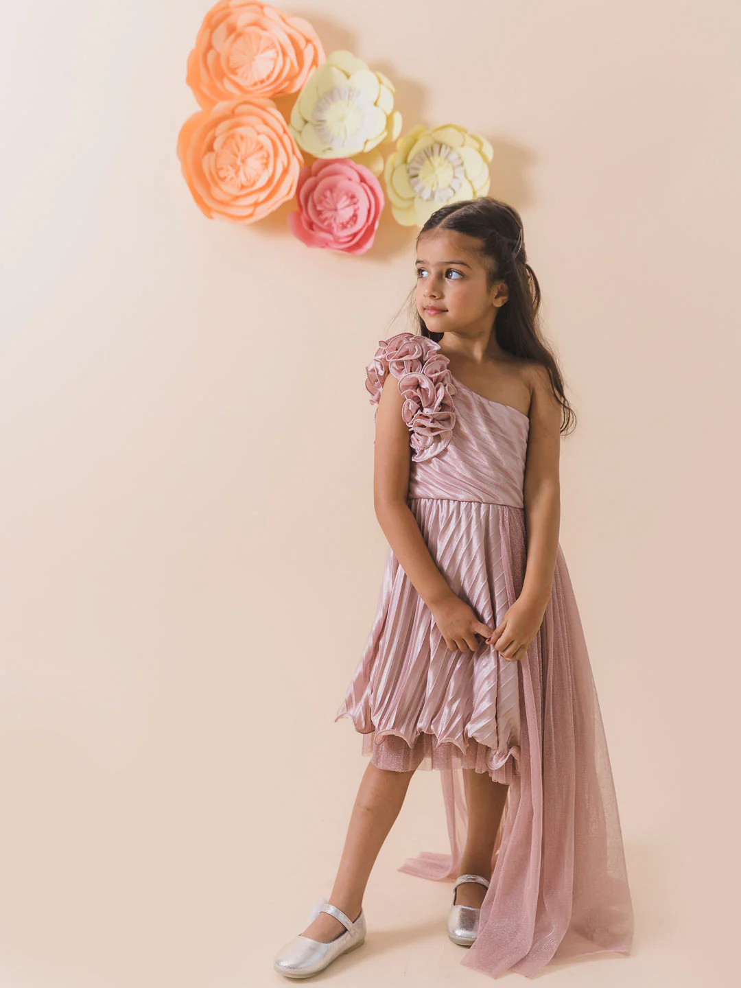 Gunmetal-Toned One Shoulder Satin A-Line Midi Sleeveless Party wear Dress (d-shimmerjaz) - Image 4