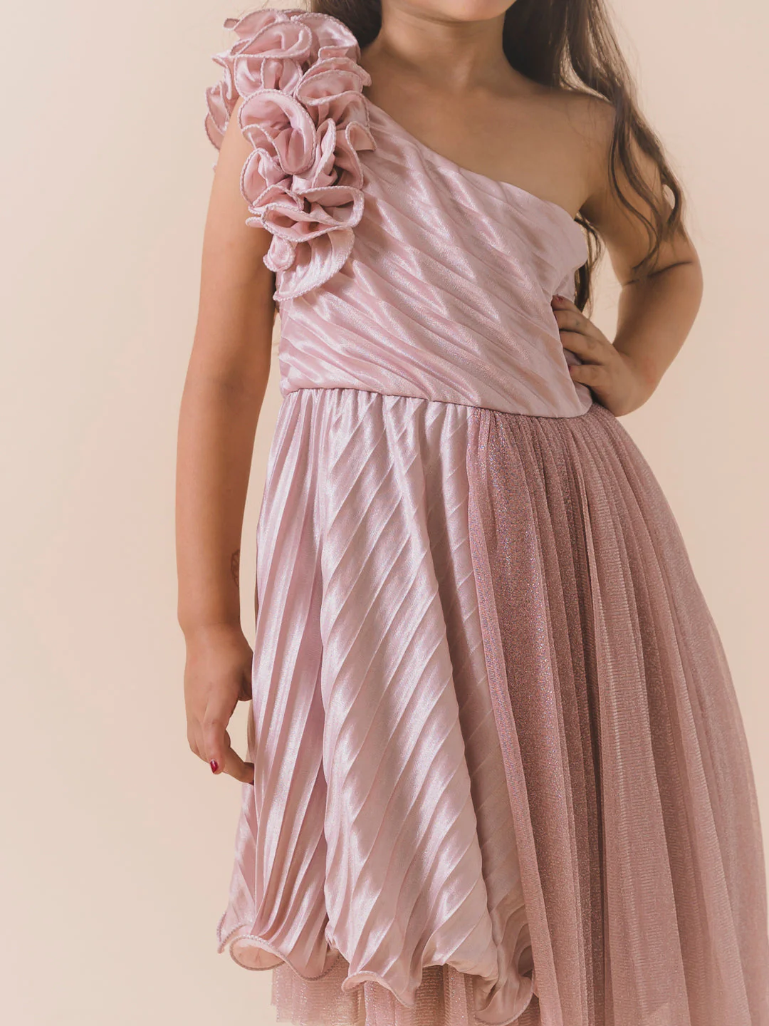 Gunmetal-Toned One Shoulder Satin A-Line Midi Sleeveless Party wear Dress (d-shimmerjaz) - Image 5