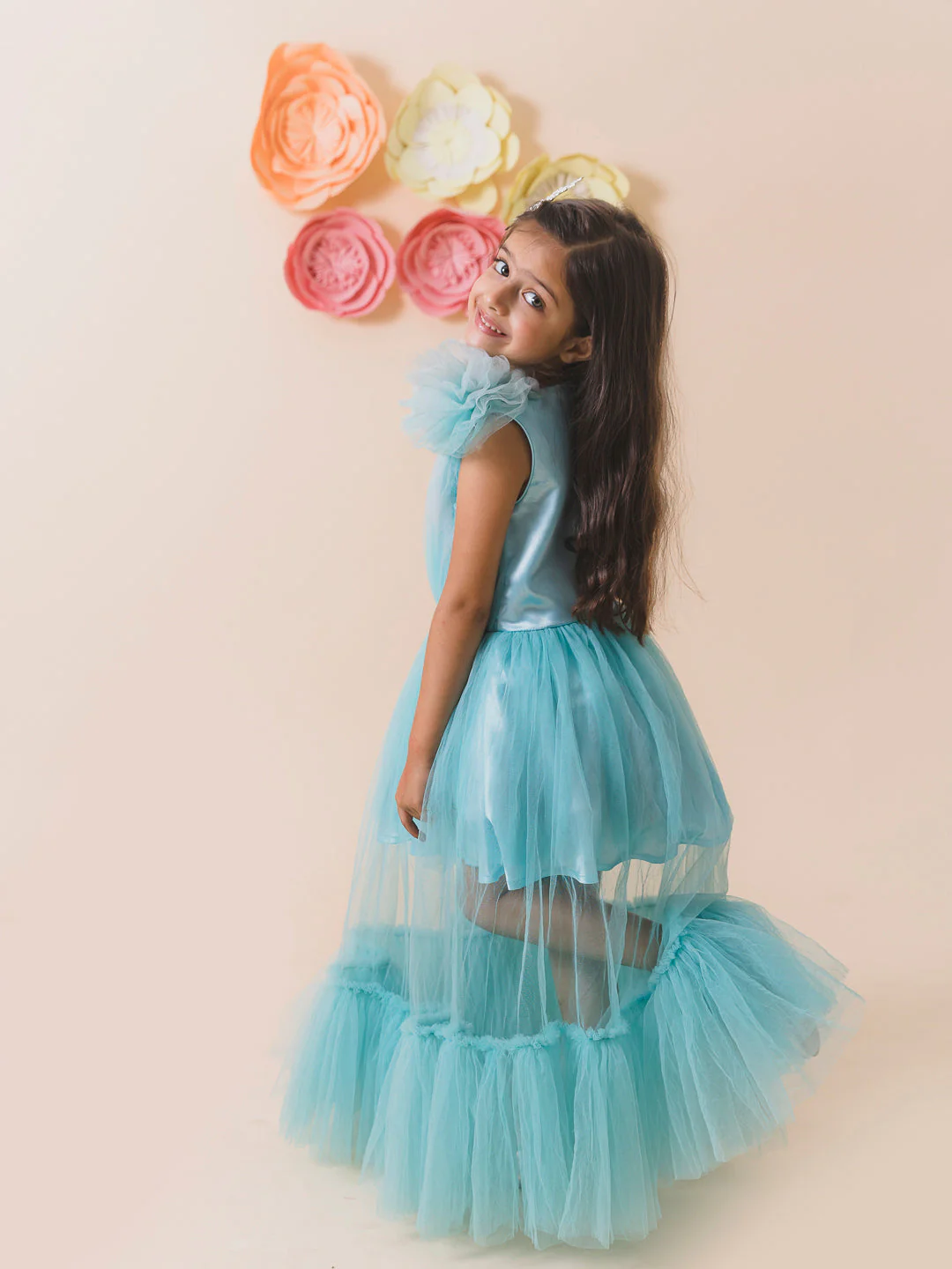 Girls Turquoise Blue Net Party Maxi  Length Round neck cap sleeves Party Dress (D-TURQSEQ) - Image 3