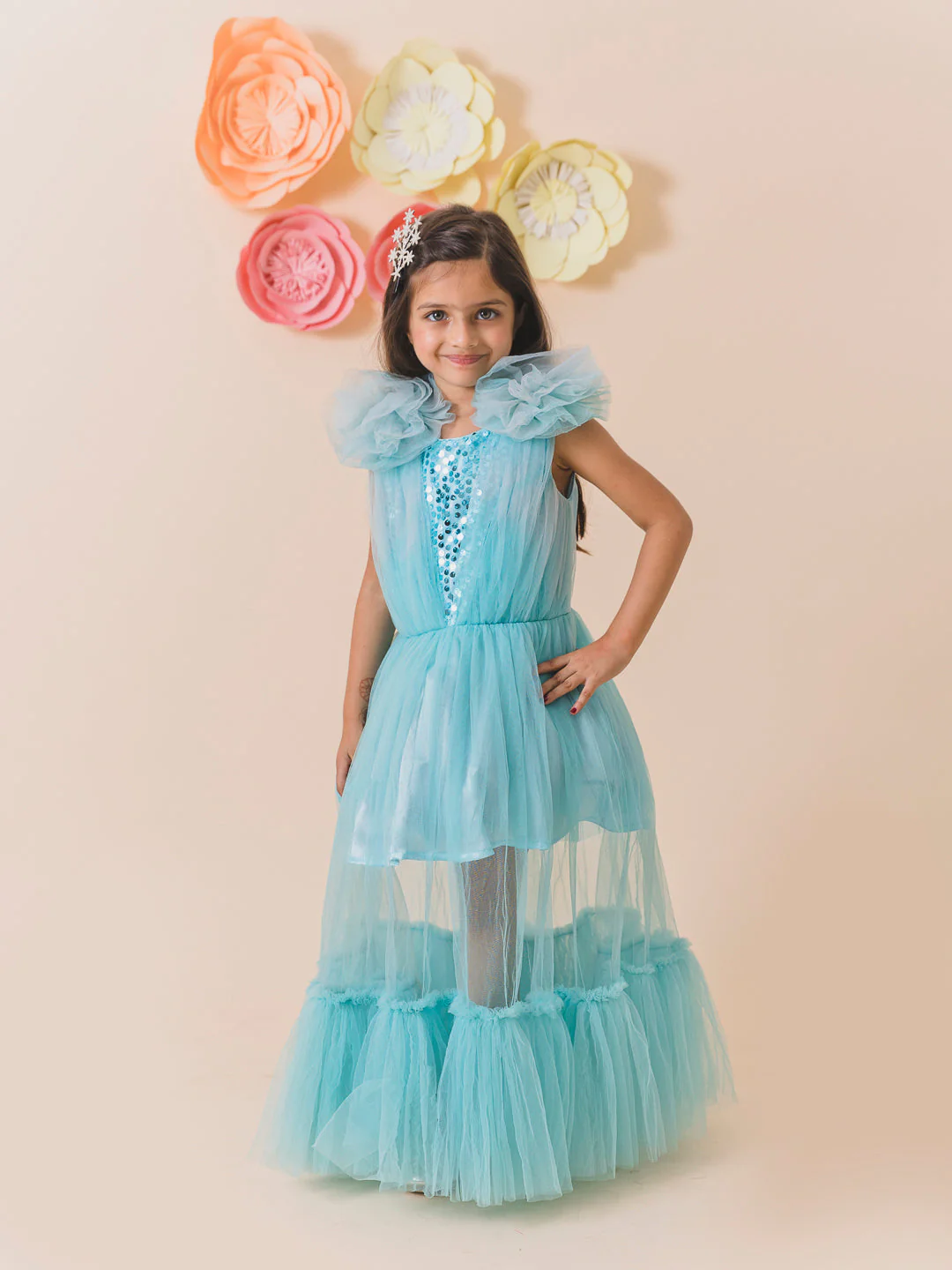 Girls Turquoise Blue Net Party Maxi  Length Round neck cap sleeves Party Dress (D-TURQSEQ) - Image 4