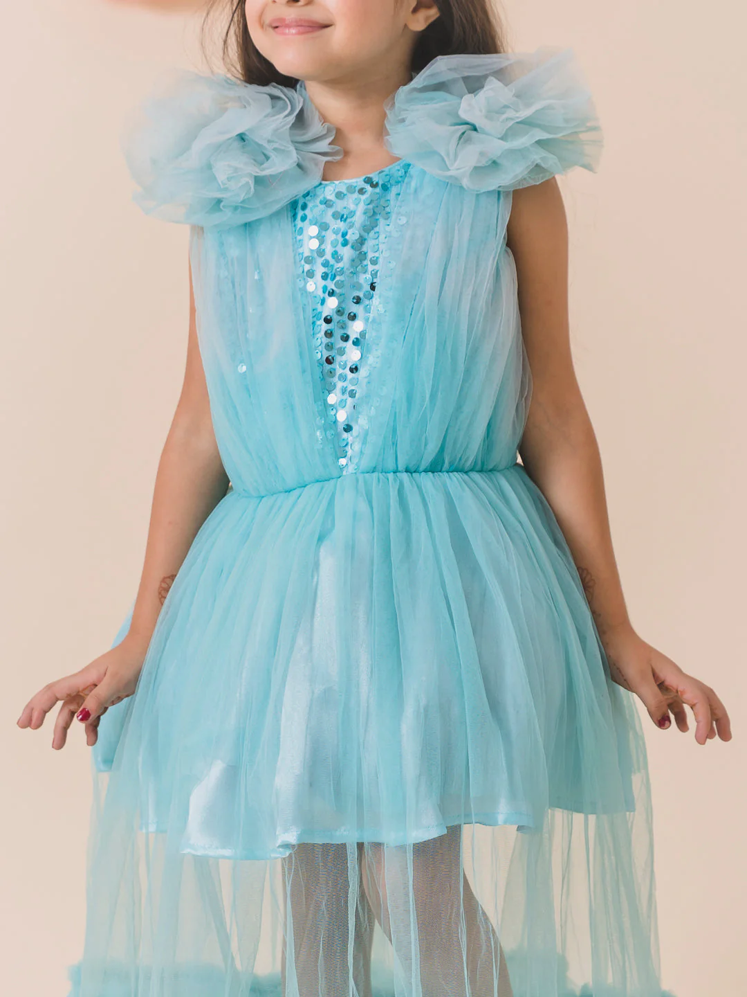 Girls Turquoise Blue Net Party Maxi  Length Round neck cap sleeves Party Dress (D-TURQSEQ) - Image 5