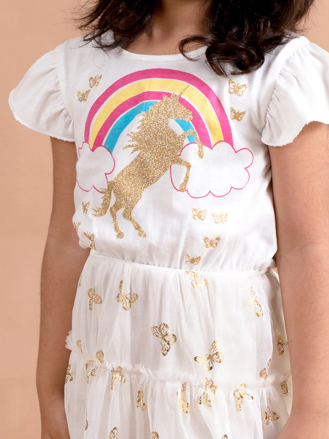 Pspeaches Girls White Unicorn Printed Fit Flare Net Dress (D-WHITE RAINBOW) - Image 4