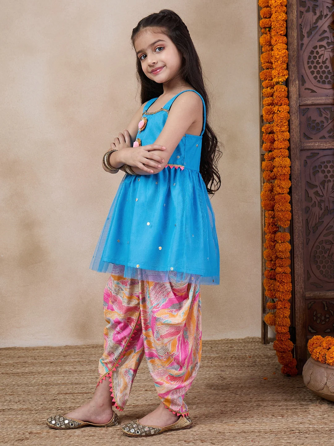 Girls Ethnic Motifs Embroidered Regular Kurti With Dhoti Pants (DH-BLUEFOILTIKLI) - Image 3