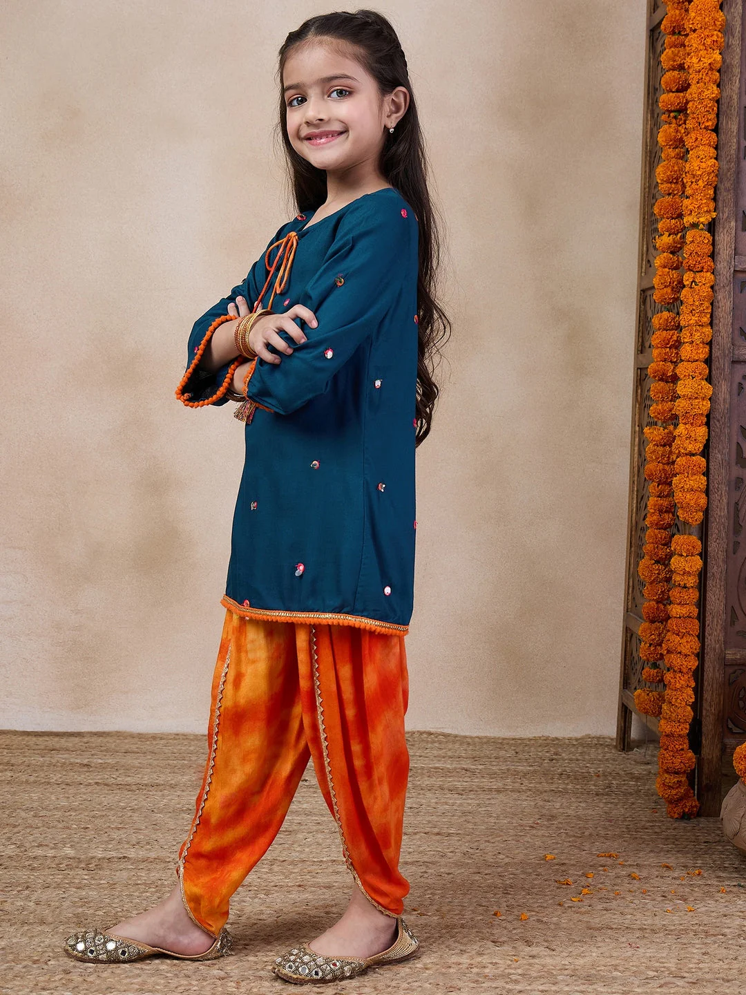 Girls Embroidered Tie-Up Neck Mirror Work A-Line Kurta With Dhoti Pants (DH-BLUEMIRROR) - Image 3