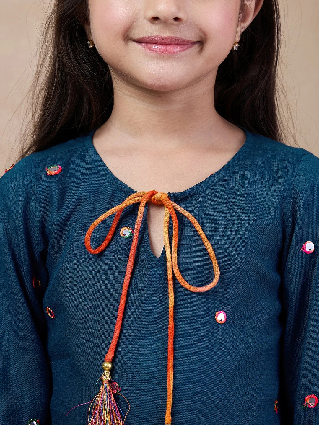 Girls Embroidered Tie-Up Neck Mirror Work A-Line Kurta With Dhoti Pants (DH-BLUEMIRROR) - Image 4