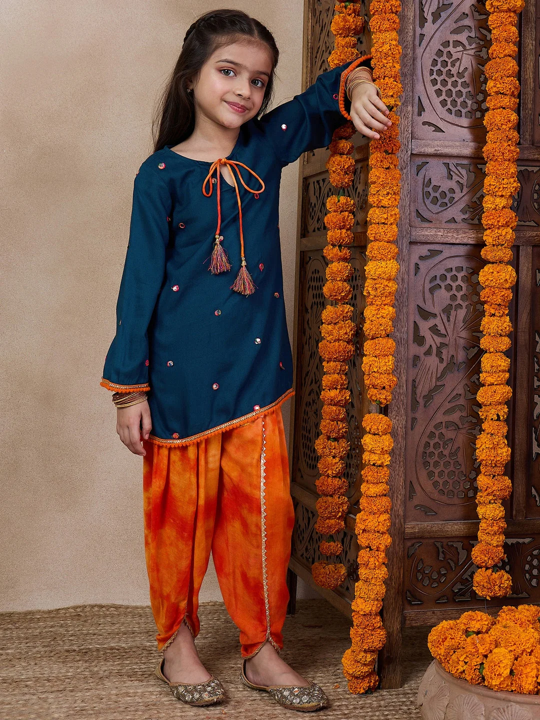 Girls Embroidered Tie-Up Neck Mirror Work A-Line Kurta With Dhoti Pants (DH-BLUEMIRROR) - Image 6
