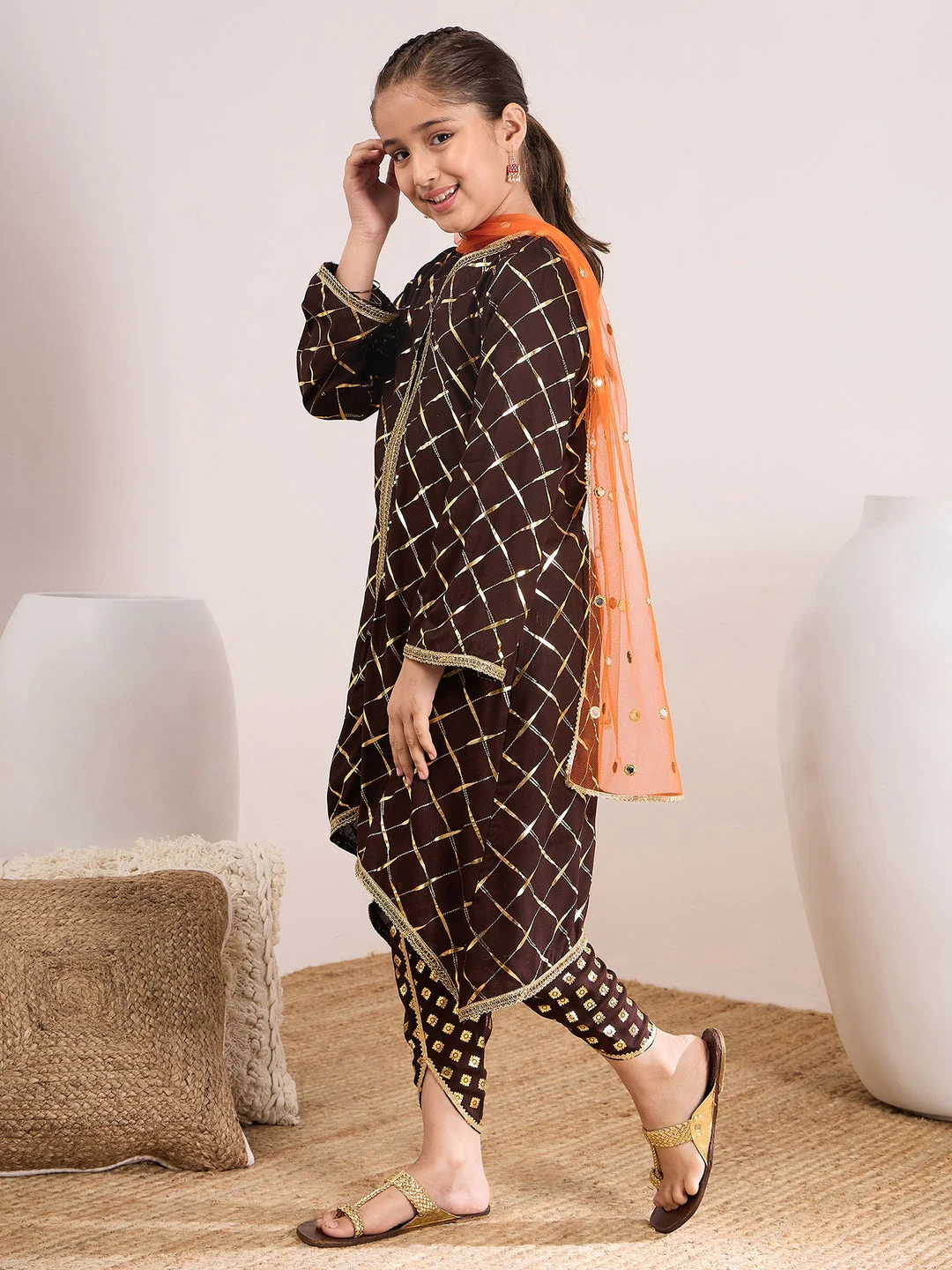 Girls Checked Gotta Patti Kurta & Dhoti Pants With Dupatta (DH-BROWNFOIL) - Image 3