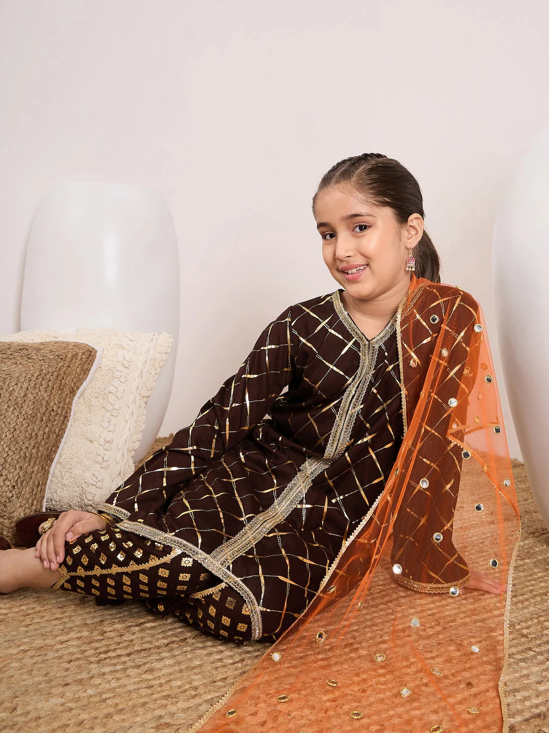 Girls Checked Gotta Patti Kurta & Dhoti Pants With Dupatta (DH-BROWNFOIL) - Image 7