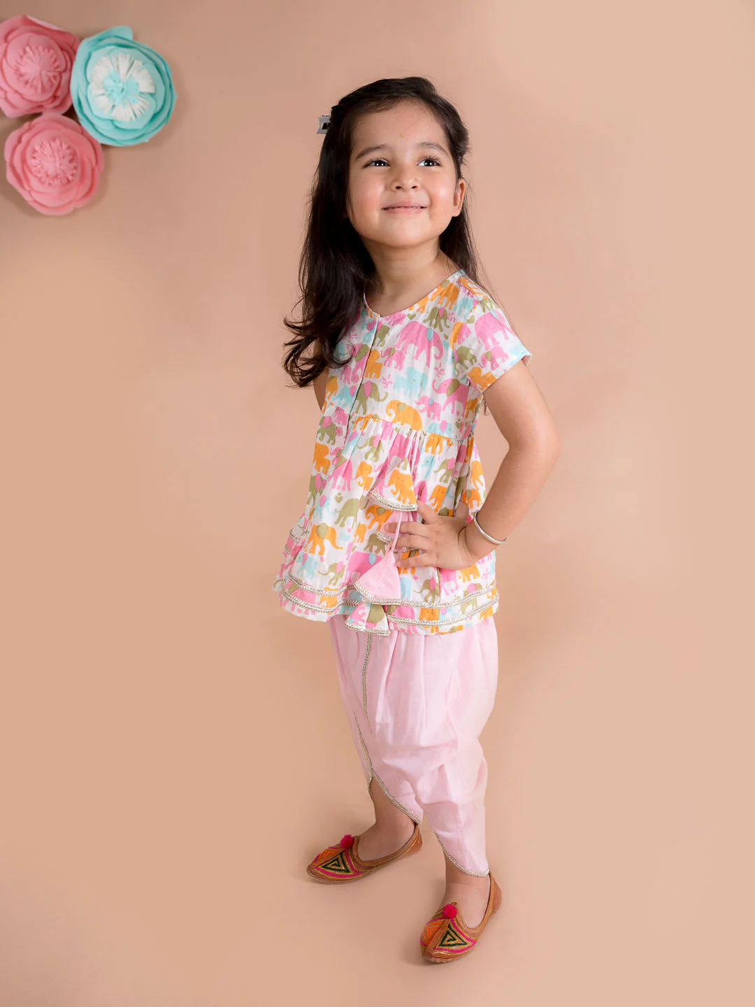 Girls White Ethnic Motifs Printed Pleated Gotta Patti Pure Cotton Kurti with Dhoti Pants (Dh-Elephant) - Image 3
