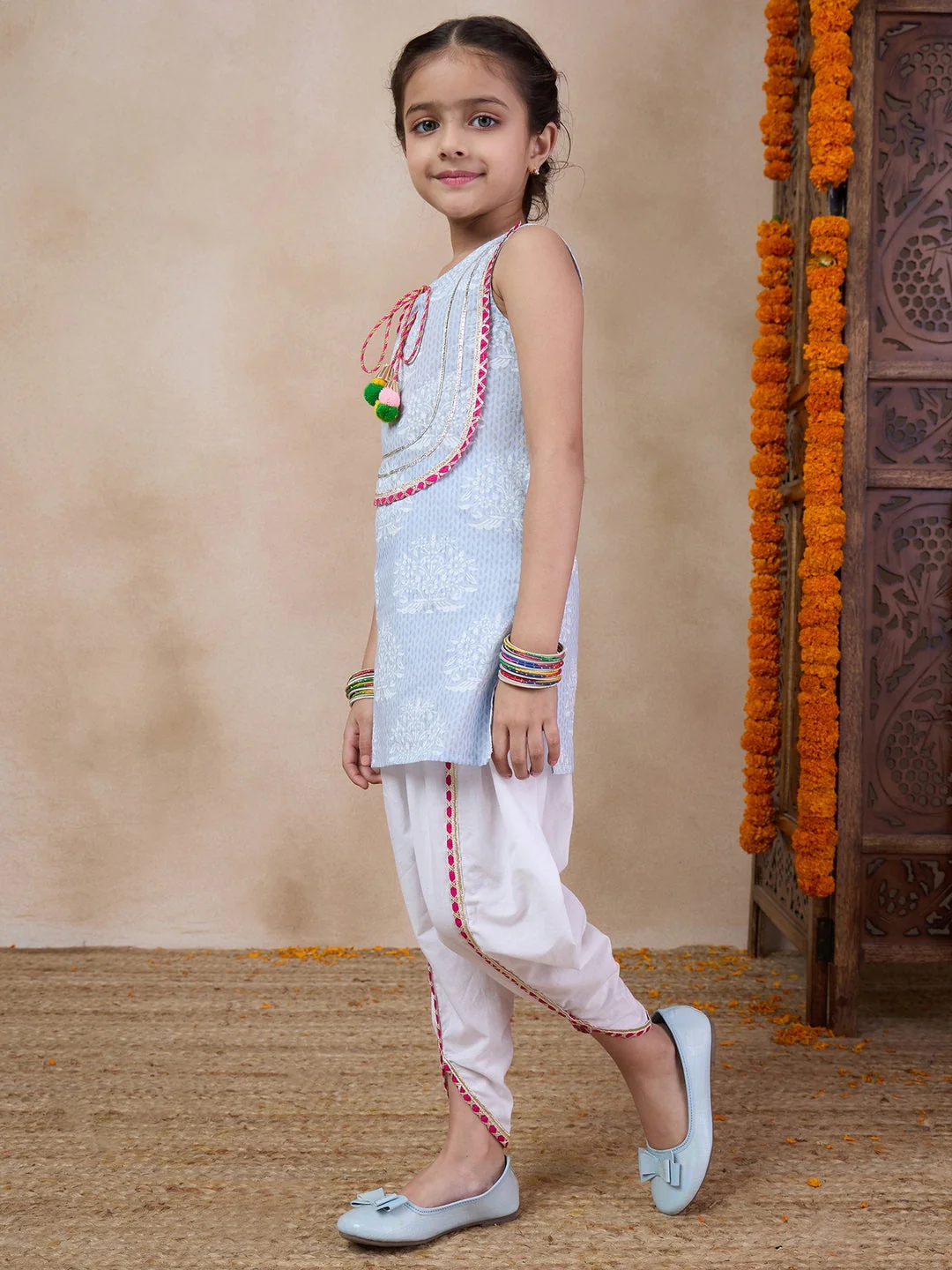 Girls Floral Printed Tie-Up Neck Straight Kurta With Dhoti Pants (DH-GREYWHITE) - Image 3