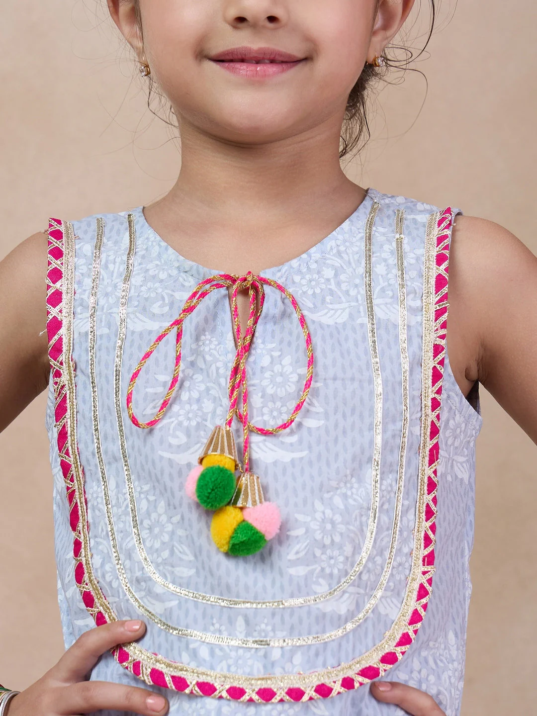 Girls Floral Printed Tie-Up Neck Straight Kurta With Dhoti Pants (DH-GREYWHITE) - Image 4