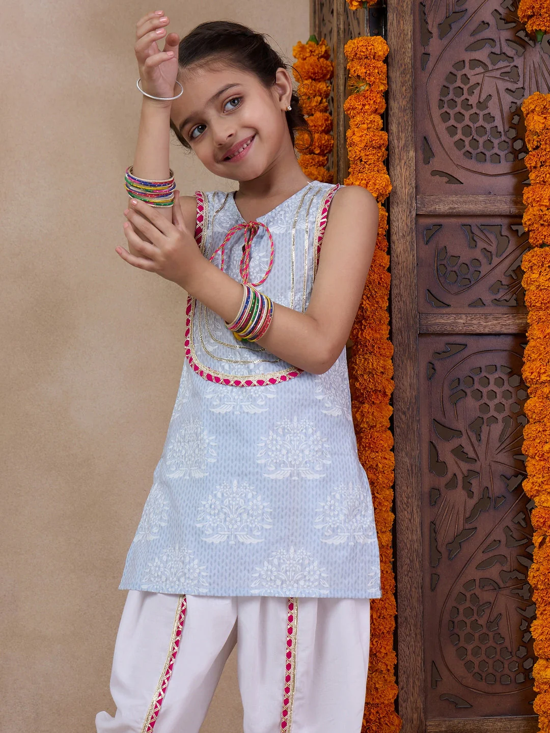 Girls Floral Printed Tie-Up Neck Straight Kurta With Dhoti Pants (DH-GREYWHITE) - Image 7