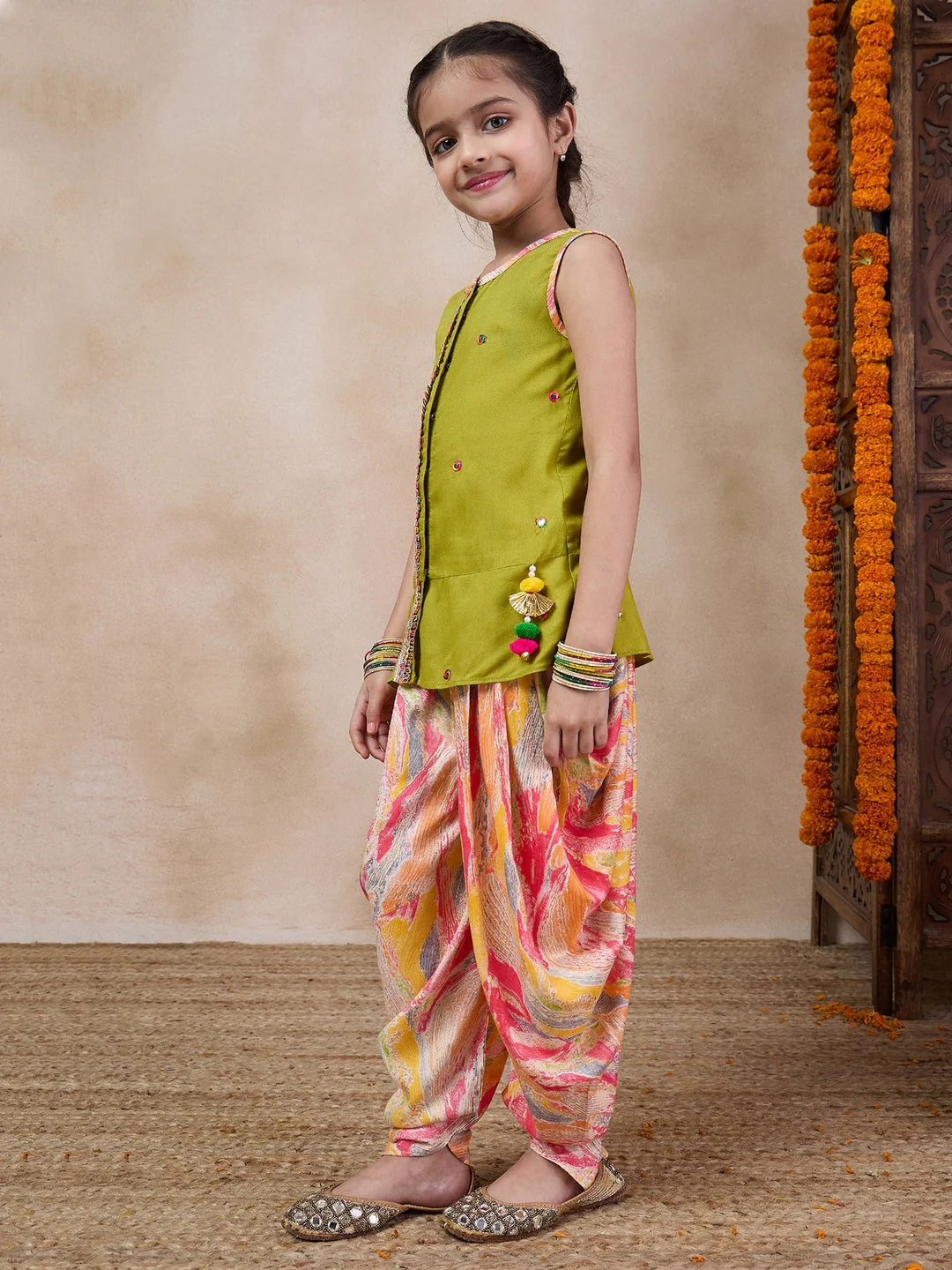 Girls Floral Embroidered Sleeveless A-Line Sequinned Kurti With Dhoti Pants (DH-MULTIDHOTI) - Image 3