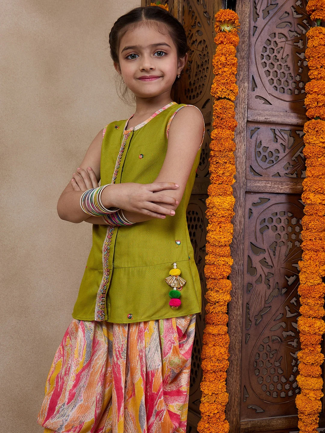 Girls Floral Embroidered Sleeveless A-Line Sequinned Kurti With Dhoti Pants (DH-MULTIDHOTI) - Image 7
