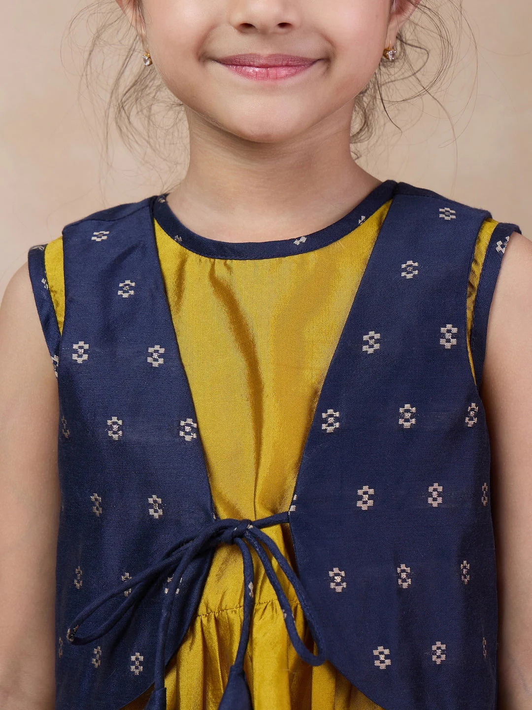 Girls Anarkali Round Neck Sleeveless Kurta With Dhoti Pants Jacket (DH-MUSTARDBLUECHANDERI) - Image 4