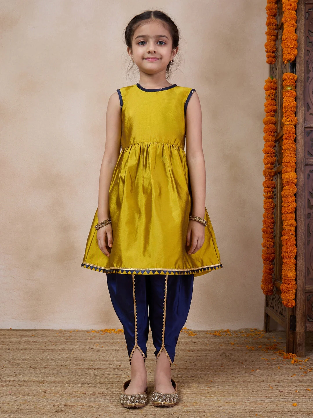 Girls Anarkali Round Neck Sleeveless Kurta With Dhoti Pants Jacket (DH-MUSTARDBLUECHANDERI) - Image 6
