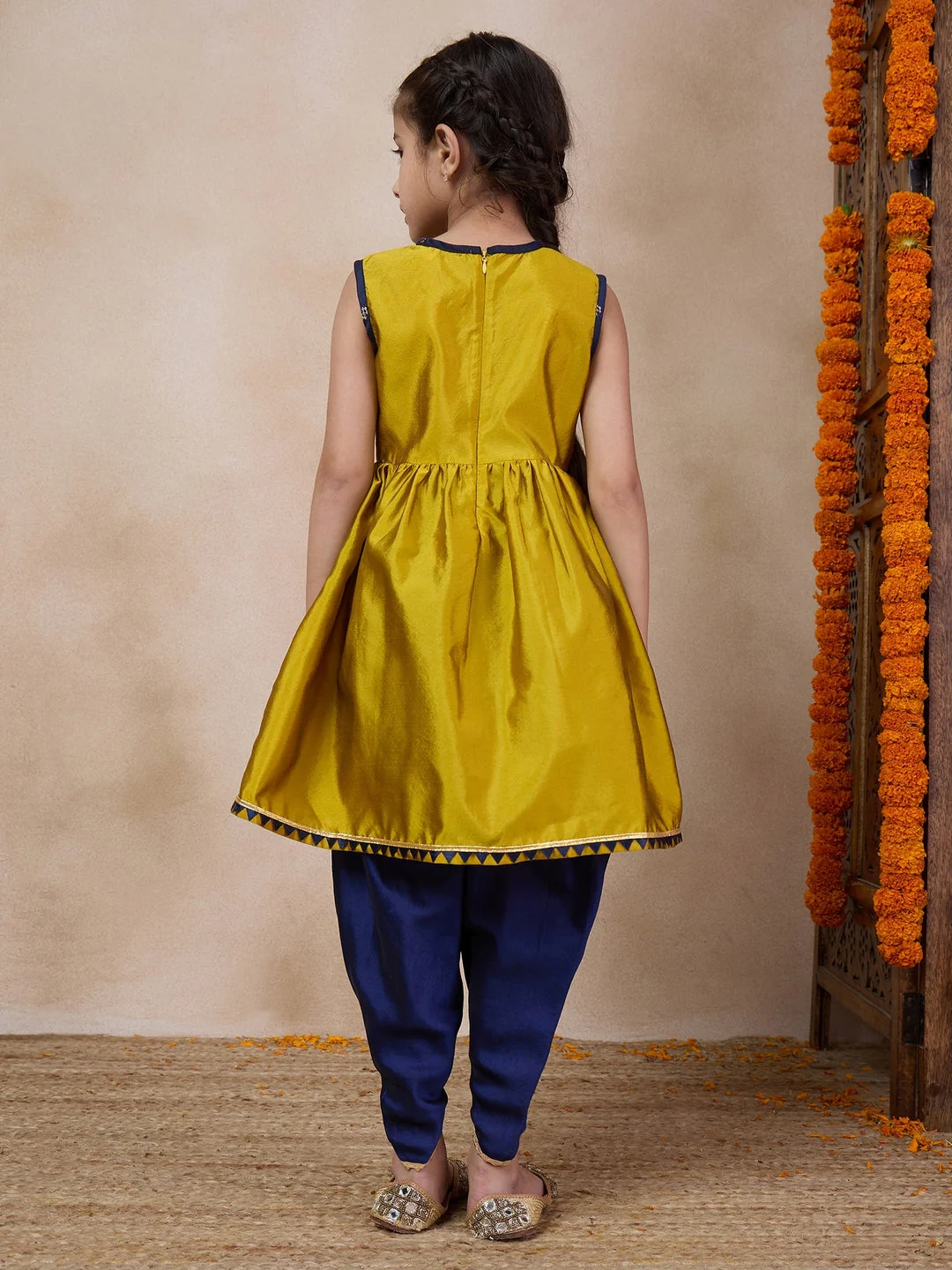 Girls Anarkali Round Neck Sleeveless Kurta With Dhoti Pants Jacket (DH-MUSTARDBLUECHANDERI) - Image 7