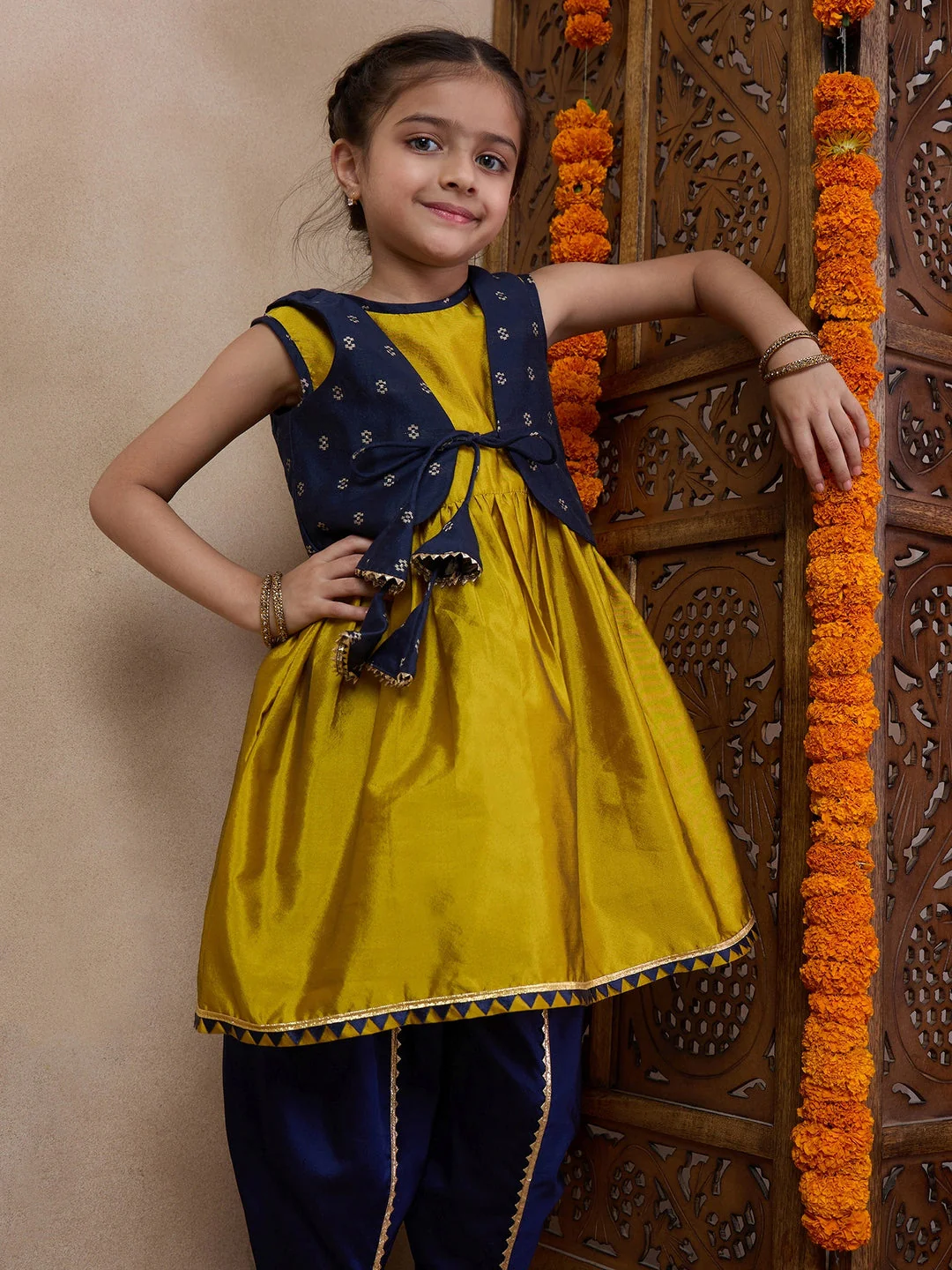 Girls Anarkali Round Neck Sleeveless Kurta With Dhoti Pants Jacket (DH-MUSTARDBLUECHANDERI) - Image 8