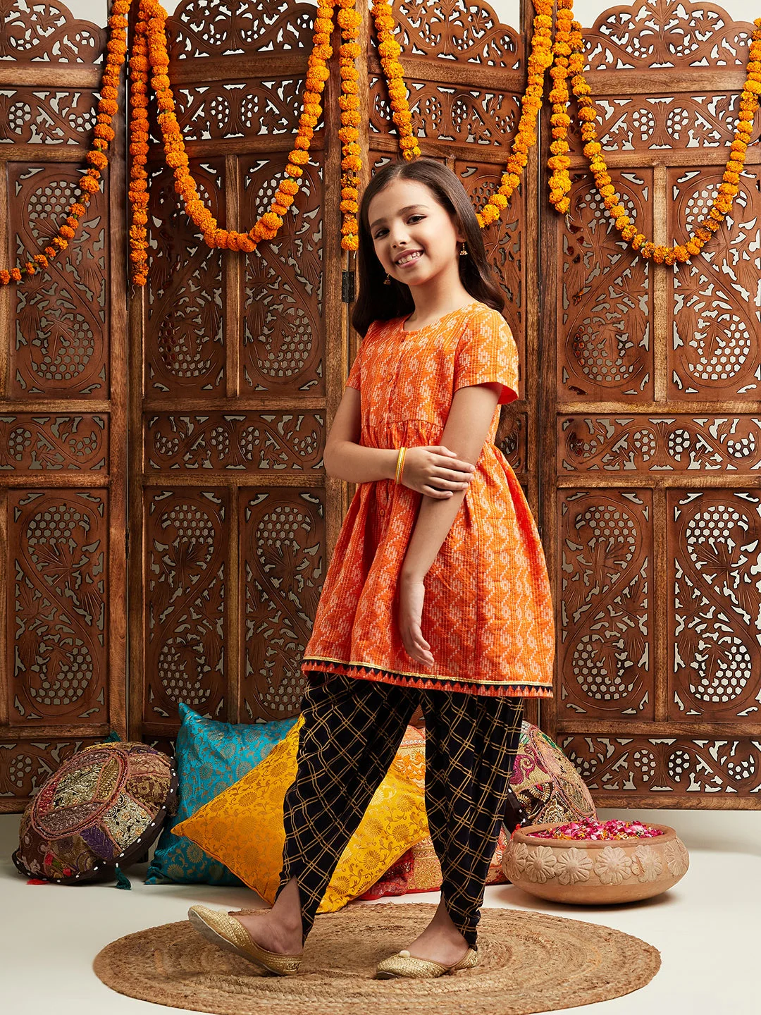 Pspeaches Girls Printed Regular Kurta With Dhoti Pants (DH-ORANGEDOBBY) - Image 3