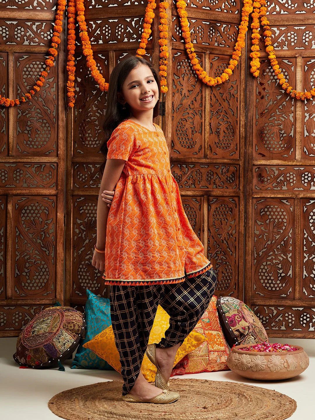 Pspeaches Girls Printed Regular Kurta With Dhoti Pants (DH-ORANGEDOBBY) - Image 4