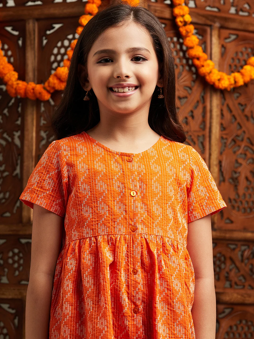 Pspeaches Girls Printed Regular Kurta With Dhoti Pants (DH-ORANGEDOBBY) - Image 5