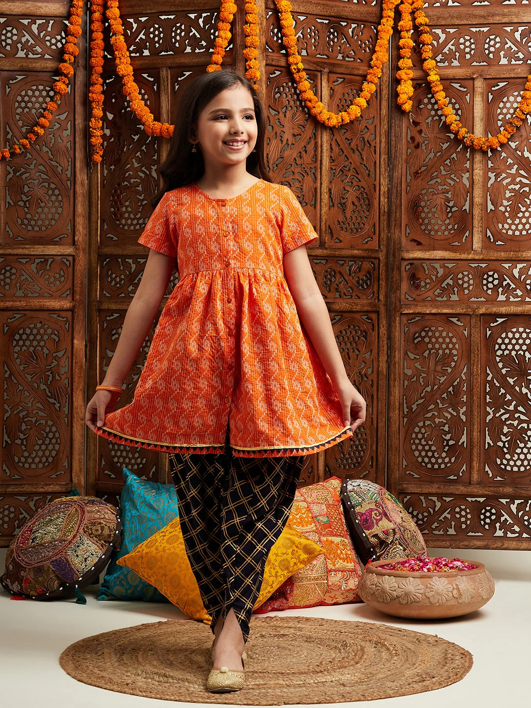 Pspeaches Girls Printed Regular Kurta With Dhoti Pants (DH-ORANGEDOBBY) - Image 6