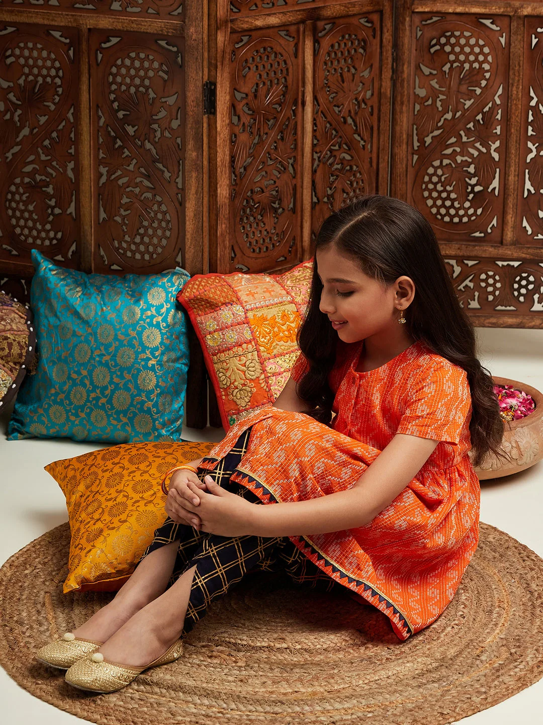 Pspeaches Girls Printed Regular Kurta With Dhoti Pants (DH-ORANGEDOBBY) - Image 7